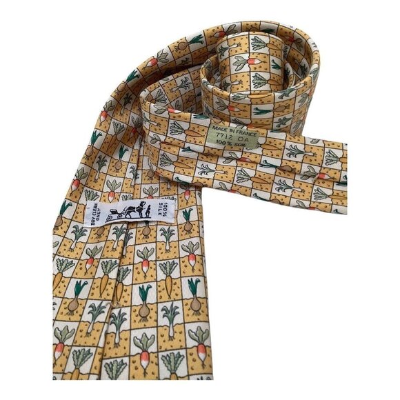 HERMÈS Yellow Coral Vegetables Print Luxury Silk Tie Made In France W: 3.5" EX C - Picture 4 of 8